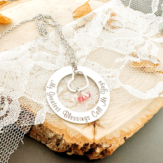 WASHER NECKLACE WITH HEART CHARM & BIRTHSTONES