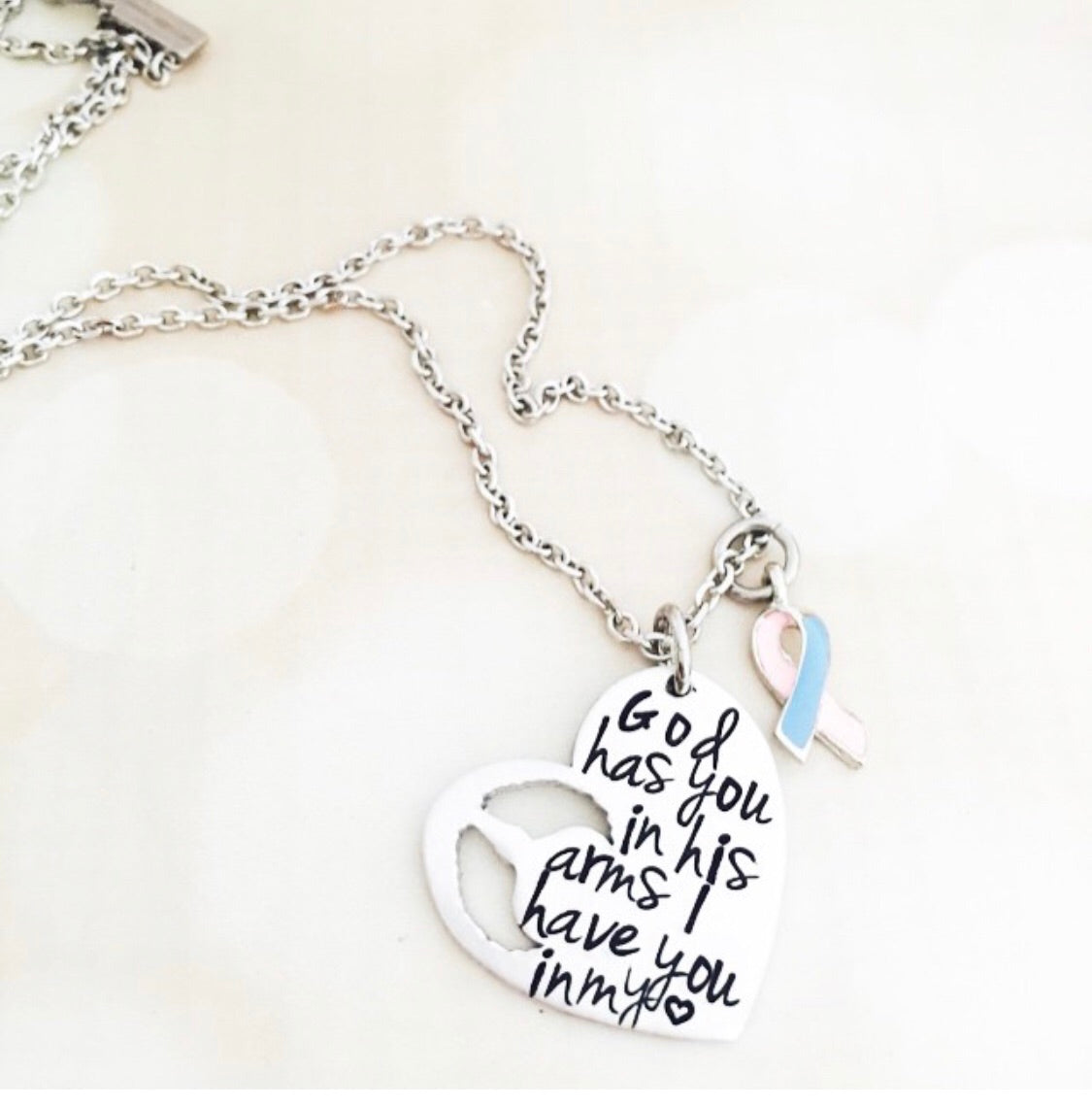 GOD HAS YOU IN HIS ARMS HEART NECKLACE