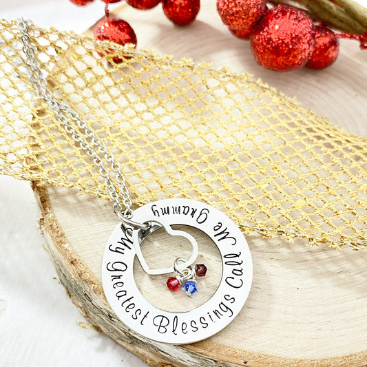 WASHER NECKLACE WITH HEART CHARM & BIRTHSTONES